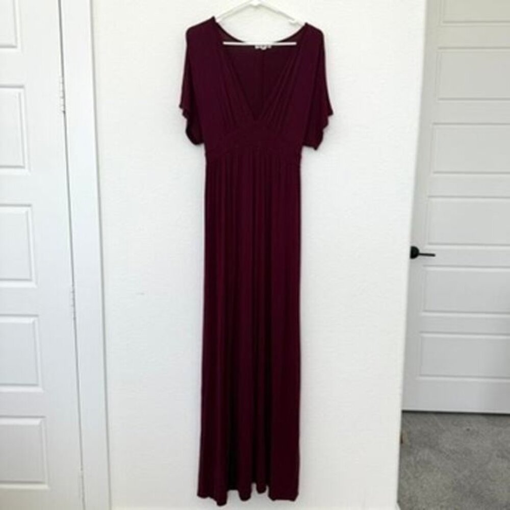 Earthbound Maxi Dress Burgundy Rayon Stretch Boho Flutter Sleeve XL